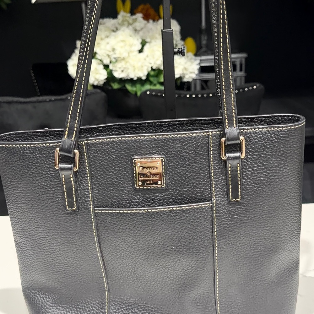 Dooney & Bourke Black Pebbled Leather Tote with Gold Plaque